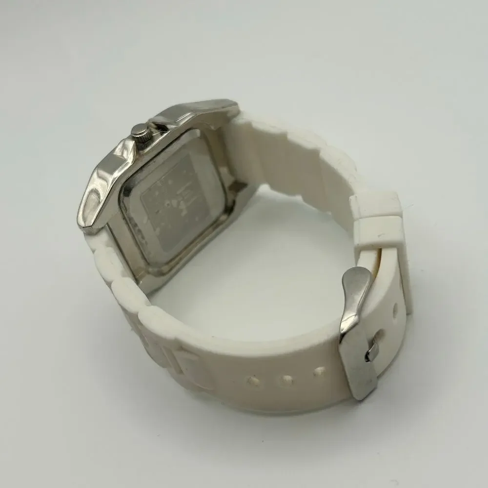 JustFab Encore Women’s Silver Case White Silicone Band Watch New Battery